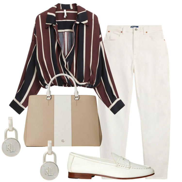 Outfit donna - Pronta per settembre. Stile Urban per Ufficio. Abbinamento con camicie, orecchini, borse a mano, mocassini, jeans.