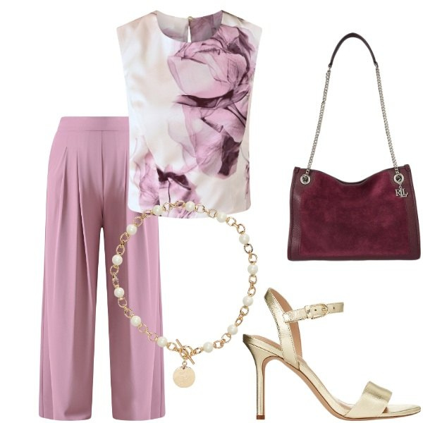 Outfit donna - Cerimonia tra intimi. Stile Casual chic per Serata fuori. Abbinamento con pantaloni a palazzo, top, sandali in pelle, borse tote, collane.