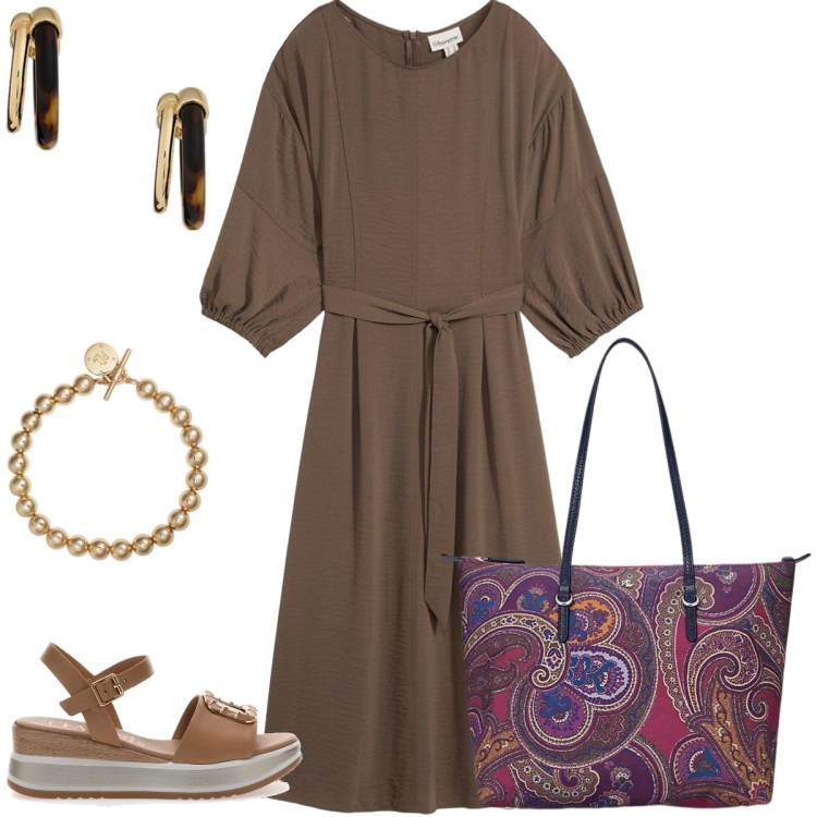 Outfit donna - Comoda in città. Stile Casual chic per Tutti i giorni. Abbinamento con vestiti, borse tote, braccialetti, orecchini, sandali.