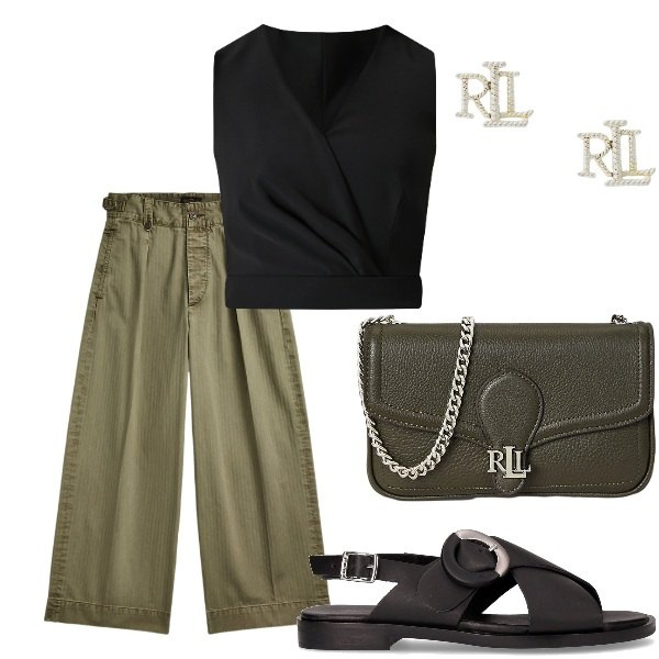 Outfit donna - Serata tra amici. Stile Casual per Serata fuori. Abbinamento con top, pantaloni, clutch, orecchini, sandali.