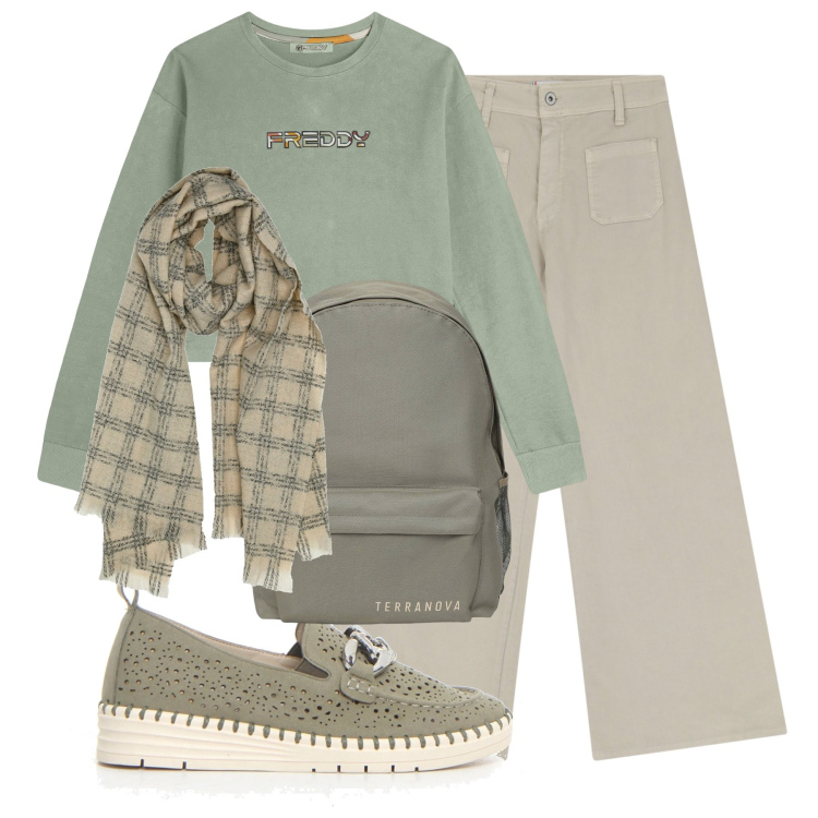 Outfit donna - Pronta per il rientro. Stile Casual per Scuola/Università. Abbinamento con zaini, pantaloni, felpe, mocassini, sciarpe.
