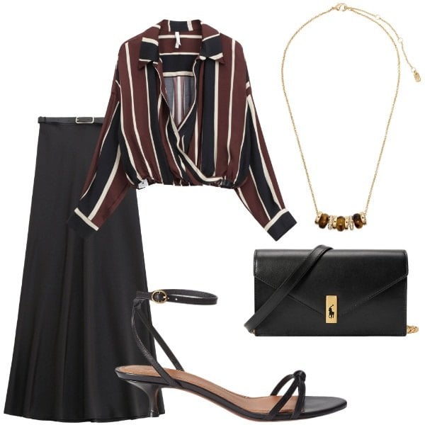 Outfit donna - A cena fuori. Stile Casual chic per Serata fuori. Abbinamento con camicie, gonne lunghe, clutch, collane, sandali in pelle.