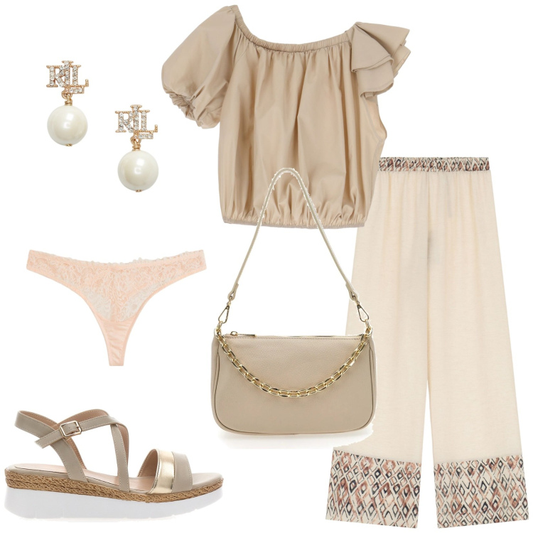 Outfit donna - Total look #2225632. Stile Casual per Tutti i giorni. Abbinamento con perizomi, pantaloni, top, orecchini, sandali, borse a tracolla.