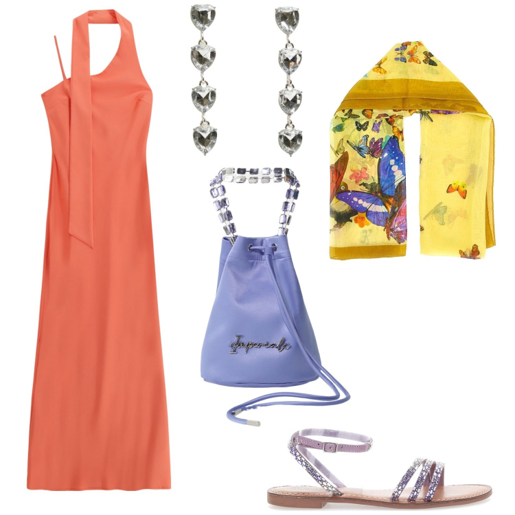 Outfit donna - Cena elegante in riva al mare. Stile Glamour per Serata fuori. Abbinamento con orecchini, borse a secchiello, vestiti lunghi, sandali, foulard.
