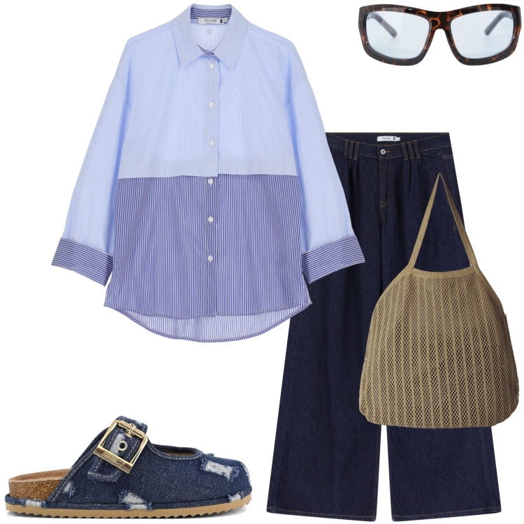 Outfit donna - In città. Stile Casual per Tutti i giorni. Abbinamento con borse tote, camicie, jeans, occhiali da sole, sabot.