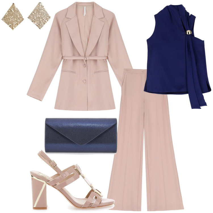 Outfit donna - Occasioni speciali. Stile Bon Ton per Cerimonia. Abbinamento con orecchini, pantaloni, blazer, top, borse a tracolla, sandali col tacco.