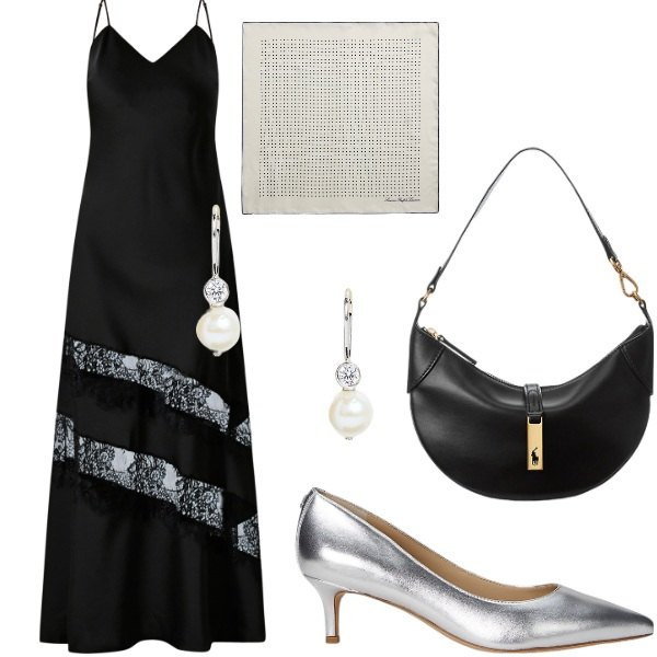Outfit donna - Compleanno in villa. Stile Casual chic per Serata fuori. Abbinamento con vestiti lunghi, borse a spalla, foulard, décolleté, orecchini.