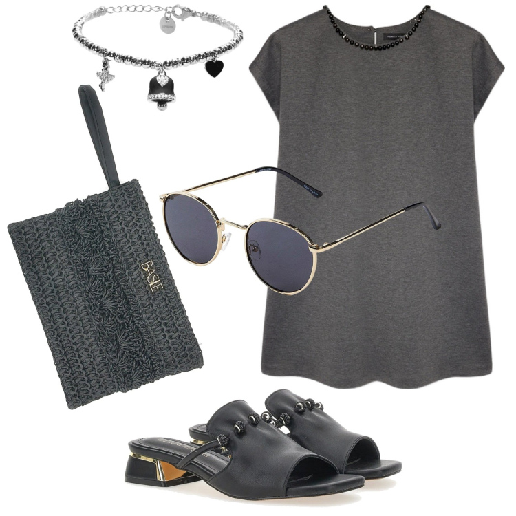 Outfit donna - Tutti i giorni. Stile Casual chic per Tutti i giorni. Abbinamento con occhiali da sole, braccialetti, ciabatte, vestiti corti, pochette.