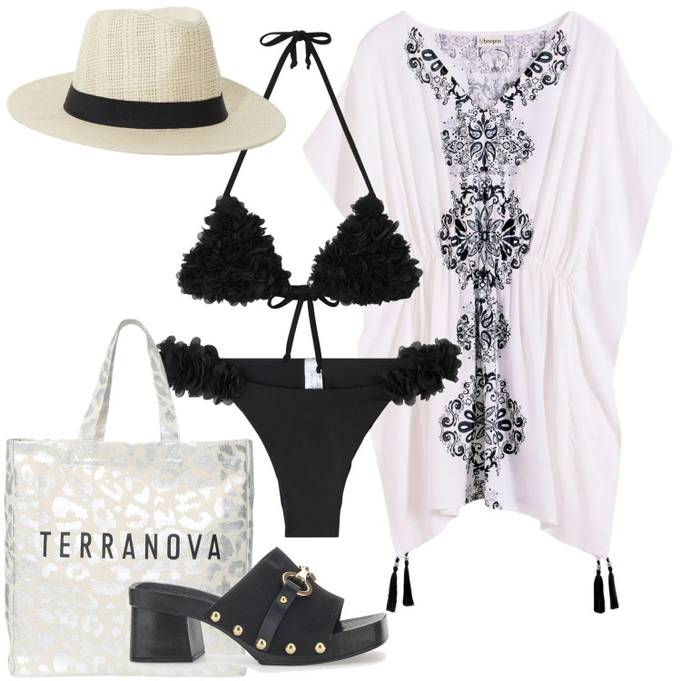 Outfit donna - Black and White in spiaggia. Stile Casual chic per Mare. Abbinamento con vestiti da spiaggia, bikini, borse tote, bikini, cappelli, zoccoli.