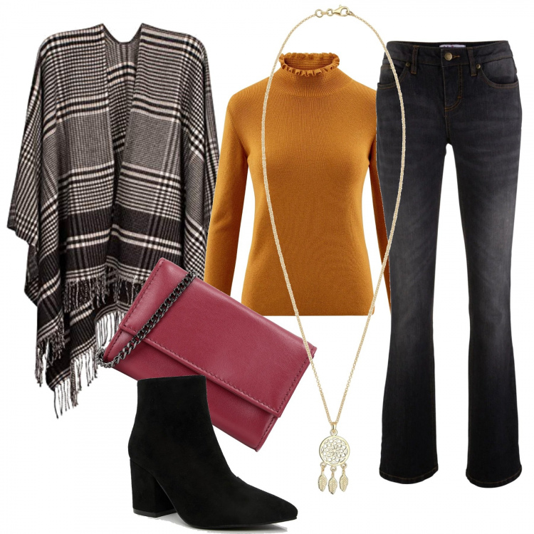 Outfit donna - Dolcevita. Stile Etnico per Tutti i giorni. Abbinamento con jeans bootcut, borsa a tracolla petit interno foderato tinta unita, maglione con balze girocollo aderente arancione, mantella a quadri con frange, stivaletti con tacco largo e zip a punta nero, collana.