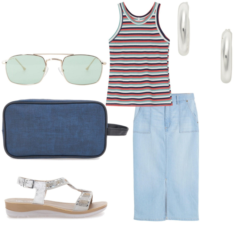 Outfit donna - Fresca in città. Stile Casual per Tutti i giorni. Abbinamento con gonne, occhiali da sole, top, orecchini, sandali, valigie.