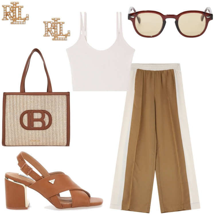 Outfit donna - City. Stile Casual per Tutti i giorni. Abbinamento con canottiere, pantaloni, occhiali da sole, orecchini, borse a spalla, sandali col tacco.