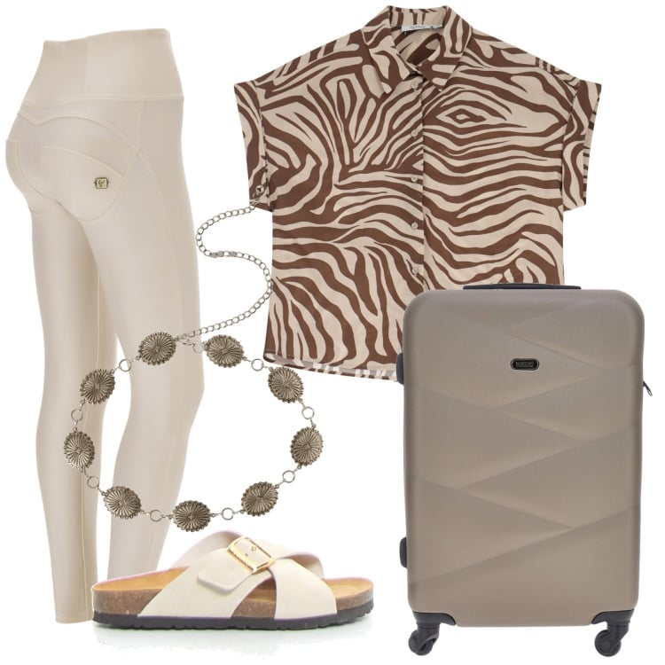 Outfit donna - Partenza comoda. Stile Casual chic per Tutti i giorni. Abbinamento con cinture, camicie a manica corta, pantaloni skinny, valigie, ciabatte.