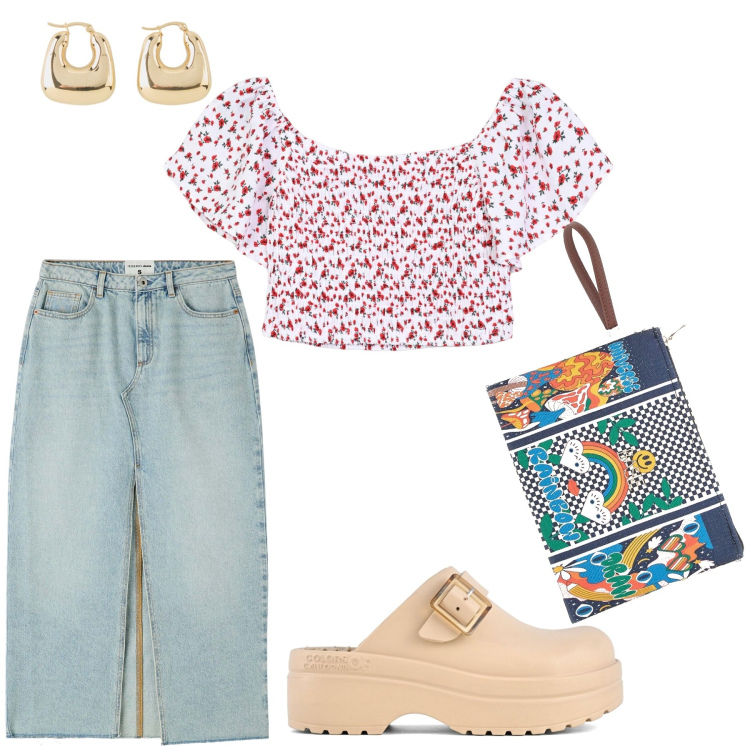 Outfit donna - Total look #2225655. Abbinamento con orecchini, gonne longuette, bluse, sandali, pochette.