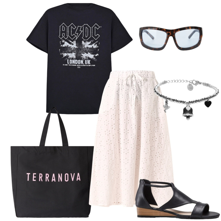 Outfit donna - La t-shirt con la stampa. Stile Rock per Tutti i giorni. Abbinamento con sandali, t-shirt, borse tote, gonne longuette, occhiali da sole, braccialetti.