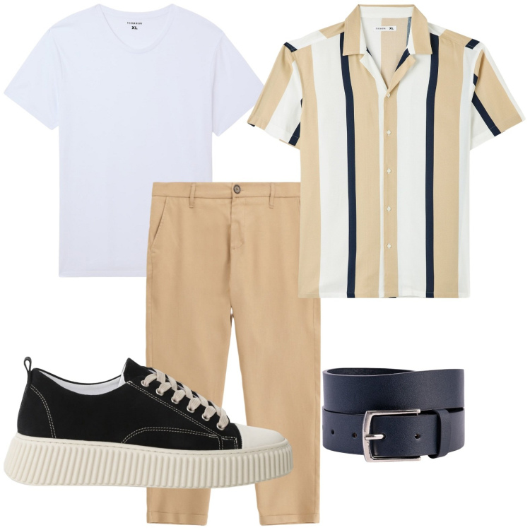 Outfit uomo - Righe verticali. Stile Trendy per Tutti i giorni. Abbinamento con camicie a manica corta, t-shirt, sneakers, pantaloni, cinture.