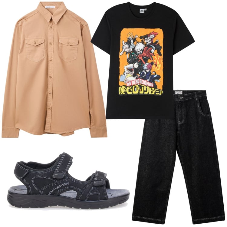 Outfit uomo - T-shirt fumetto. Stile Urban per Tutti i giorni. Abbinamento con camicie, t-shirt, jeans, sandali.