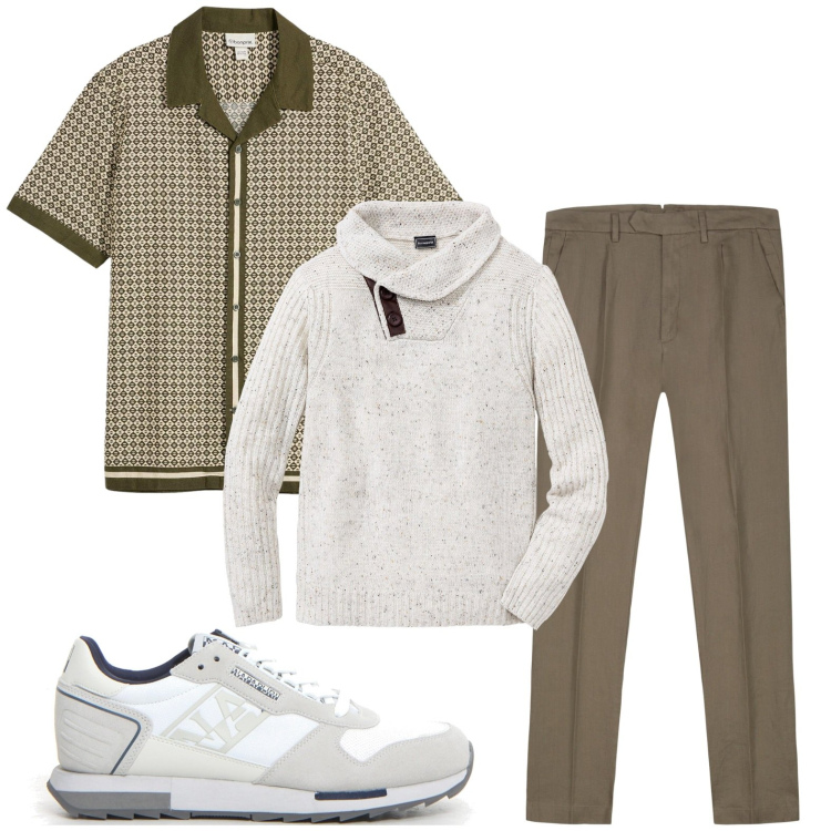 Outfit uomo - Camicia trendy. Stile Trendy per Ufficio. Abbinamento con maglieria, camicie a manica corta, pantaloni, sneakers.