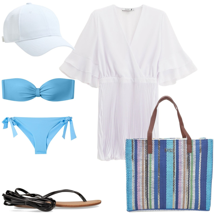 Outfit donna - Total look #2225668. Stile Casual per Mare. Abbinamento con cappelli, bikini, bikini, vestiti corti, shopping bag, sandali alla schiava.