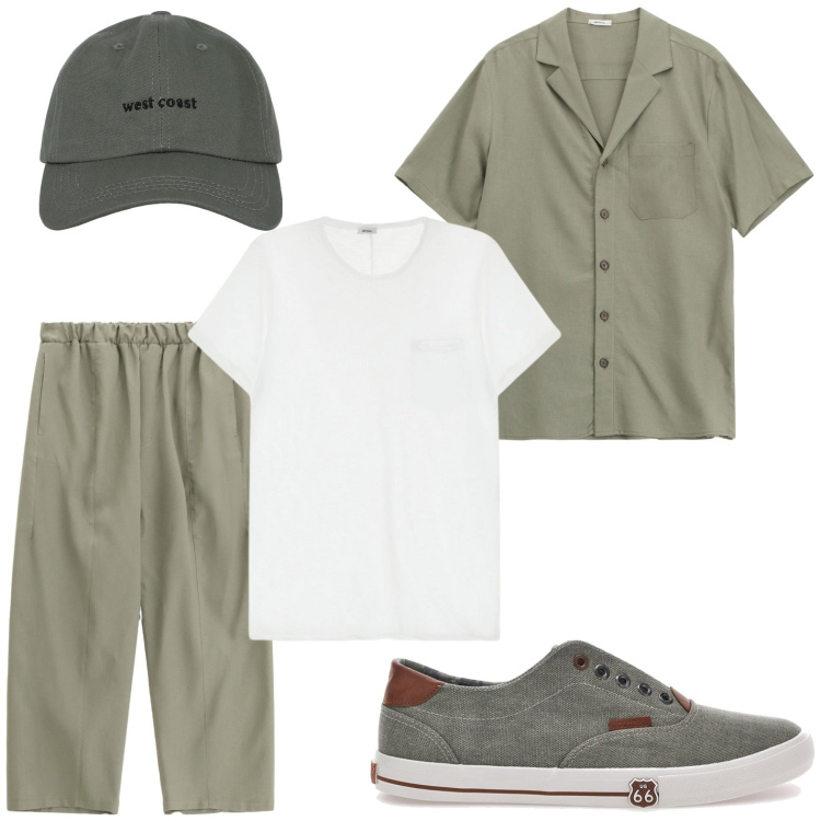 Outfit uomo - Urban. Stile Urban per Tutti i giorni. Abbinamento con cappelli con visiera, pantaloni, t-shirt, camicie a manica corta, sneakers.