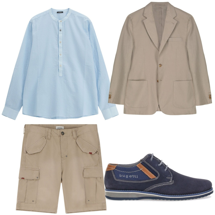 Outfit uomo - Bermuda sabbia. Stile Casual per Tutti i giorni. Abbinamento con bermuda, camicie, scarpe stringate, giacche.