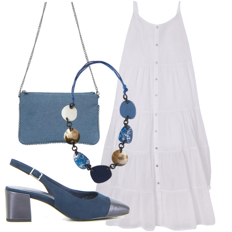 Outfit donna - Estate. Stile Casual chic per Tutti i giorni. Abbinamento con vestiti lunghi, borse a tracolla, décolleté, collane.