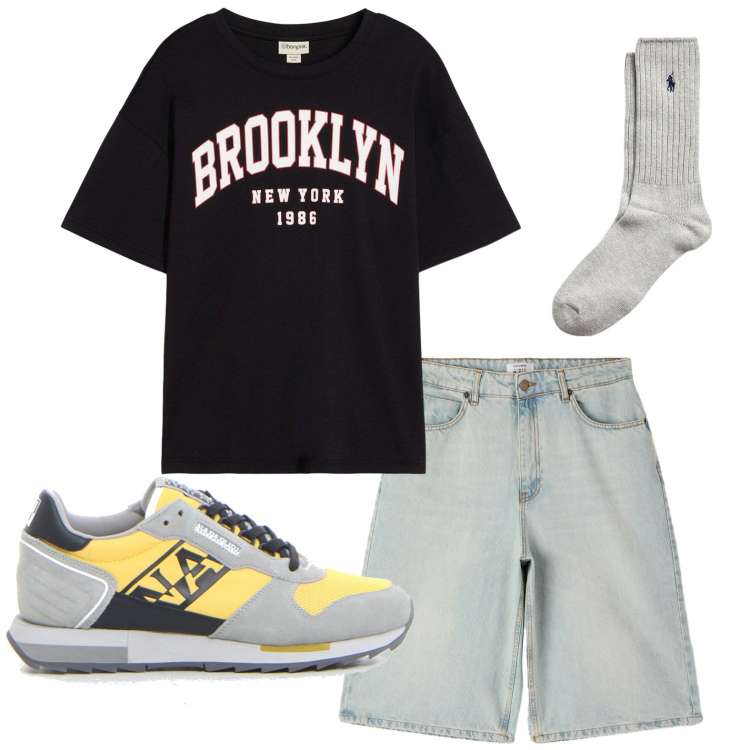 Outfit uomo - Sportivo casual. Stile Casual per Tutti i giorni. Abbinamento con t-shirt, bermuda, calzini, sneakers.