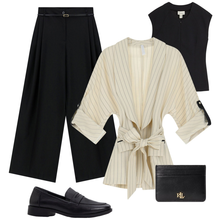 Outfit donna - Total look #2225679. Stile Mannish per Ufficio. Abbinamento con top, mocassini, pantaloni, blazer, portafogli.