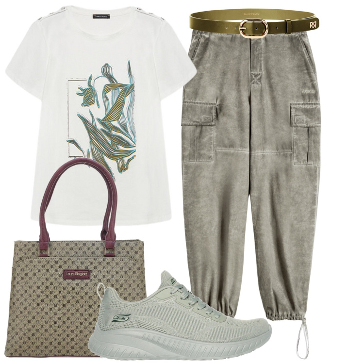 Outfit donna - Comoda tutto il giorno. Stile Casual per Tutti i giorni. Abbinamento con cinture, pantaloni cargo, sneakers, t-shirt, borse a spalla.