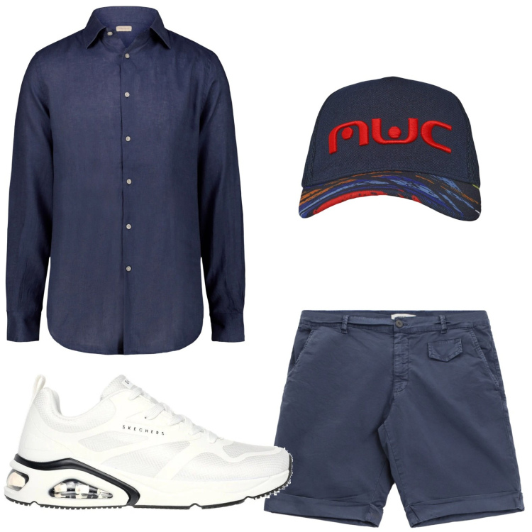 Outfit uomo - Camicia trendy. Stile Trendy per Tutti i giorni. Abbinamento con cappelli, bermuda, sneakers, camicie.