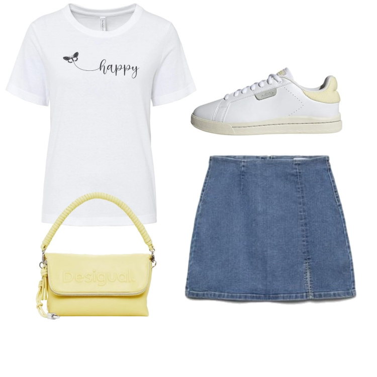 Outfit femme - Mini-jupe jean. Style Romantique pour Tous les jours. Assortir avec t-shirts, sacs en bandoulière, minijupes, sneakers.