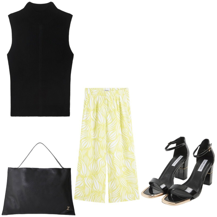 Outfit donna - Aperitivo in riva al mare. Stile Casual chic per Serata fuori. Abbinamento con pantaloni a palazzo, sabot, borse a spalla, maglieria.