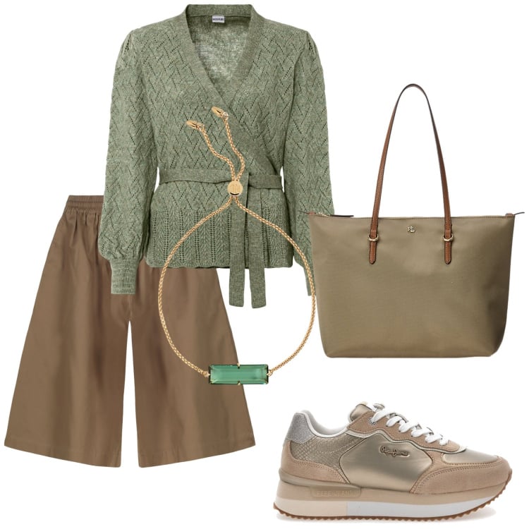 Outfit donna - Total look #2225692. Stile Casual chic per Tutti i giorni. Abbinamento con maglieria, braccialetti, borse tote, sneakers, bermuda.