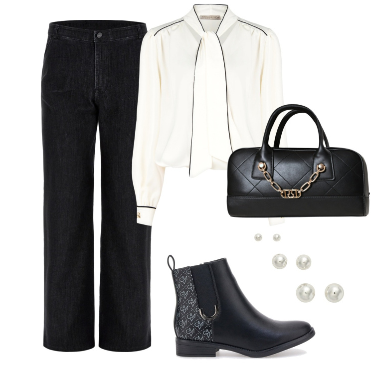 Outfit donna - Blusando chic. Stile Casual chic per Tutti i giorni. Abbinamento con bluse, borse a mano, jeans, orecchini, stivaletti.