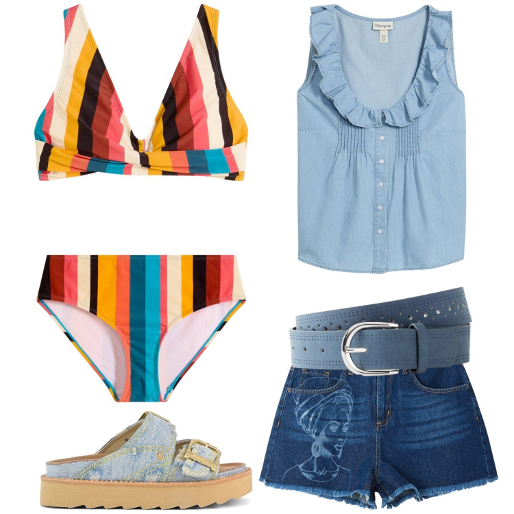Outfit donna - Total look #2225704. Stile Casual per Mare. Abbinamento con bikini, top, cinture, shorts, sandali.