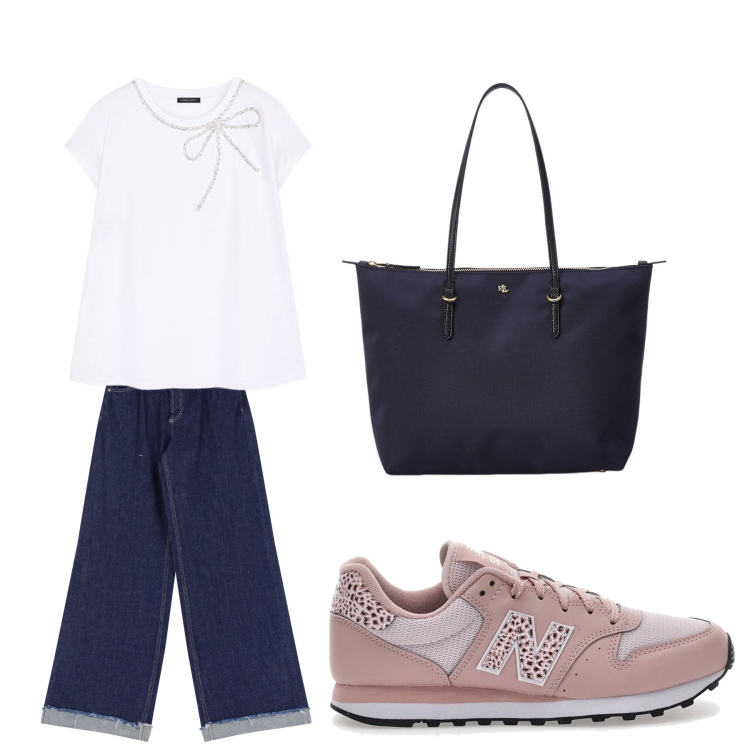 Outfit donna - Aperitivo. Stile Trendy per Tutti i giorni. Abbinamento con jeans, borse tote, sneakers, t-shirt.