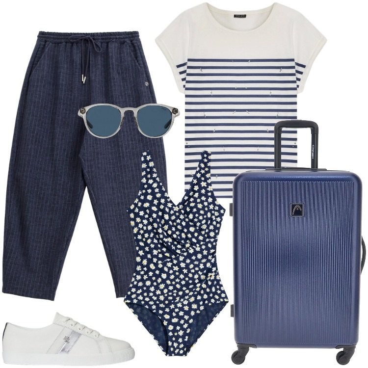 Outfit donna - Total look #2225713. Stile Casual per Mare. Abbinamento con costumi interi, jeans, occhiali da sole, sneakers, t-shirt, valigie.