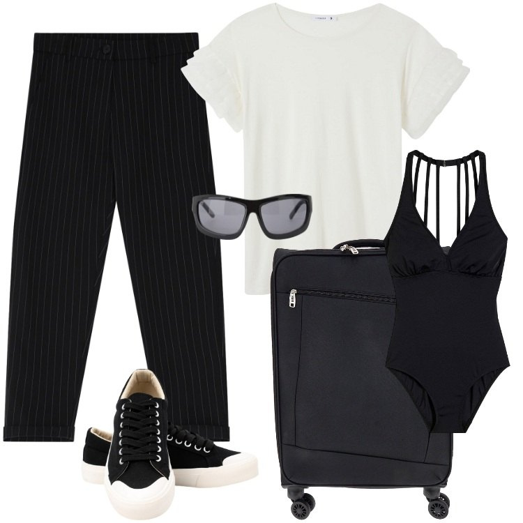 Outfit donna - Total look #2225715. Stile Casual per Mare. Abbinamento con costumi interi, t-shirt, occhiali da sole, pantaloni, valigie, sneakers.