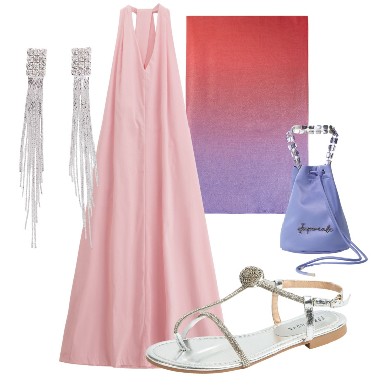 Outfit donna - I colori del tramonto. Stile Chic per Serata fuori. Abbinamento con orecchini, ciabatte, borse a secchiello, vestiti, stole.