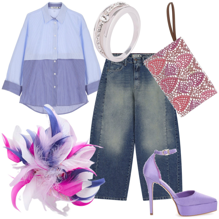 Outfit donna - Serata jeans balloon. Stile Glamour per Serata fuori. Abbinamento con anelli, jeans, camicie, décolleté, pochette, accessori per capelli.
