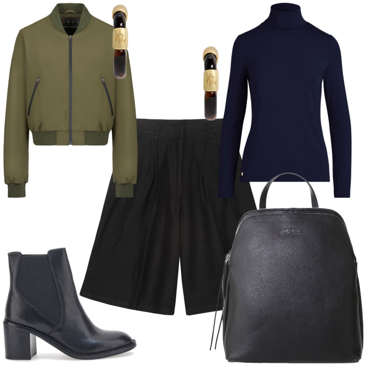 Outfit donna - Lunedì mattina in montagna. Stile Basic per Tutti i giorni. Abbinamento con zaini, vestiti, orecchini, bomber, stivaletti, bermuda.