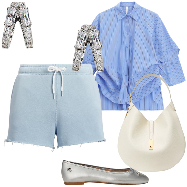 Outfit donna - Fresca sotto il solleone. Stile Sporty chic per Tutti i giorni. Abbinamento con camicie, orecchini, ballerine, borse a spalla, shorts.