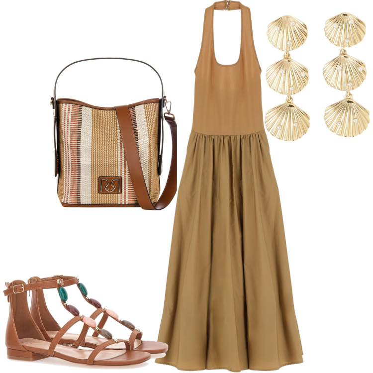 Outfit donna - Total look #2225795. Stile Basic per Tutti i giorni. Abbinamento con orecchini, borse a secchiello, vestiti lunghi, sandali gioiello.