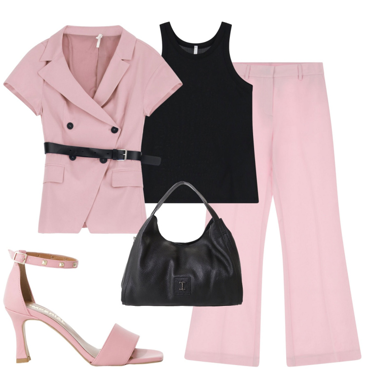 Outfit donna - City. Stile Urban per Tutti i giorni. Abbinamento con blazer, sandali col tacco, pantaloni, pochette, top.