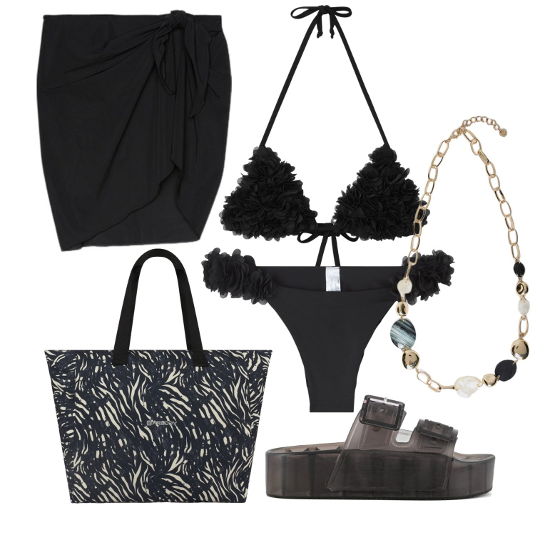 Outfit donna - Al mare 11. Stile Minimal per Mare. Abbinamento con bikini, bikini, shopping bag, collane, vestiti da spiaggia, sandali.