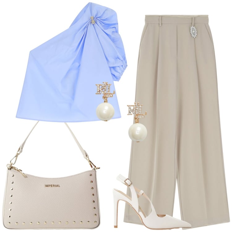 Outfit donna - Eleganza in città. Stile Chic per Tutti i giorni. Abbinamento con top, pantaloni, borse a spalla, décolleté, orecchini.