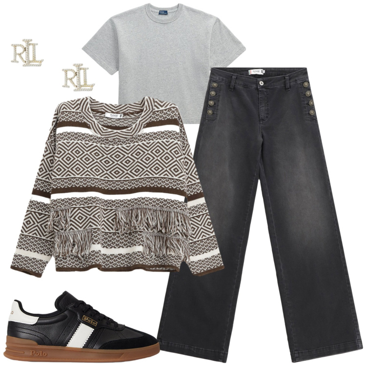 Outfit donna - City. Stile Casual chic per Tutti i giorni. Abbinamento con jeans, maglieria, sneakers, orecchini, t-shirt.