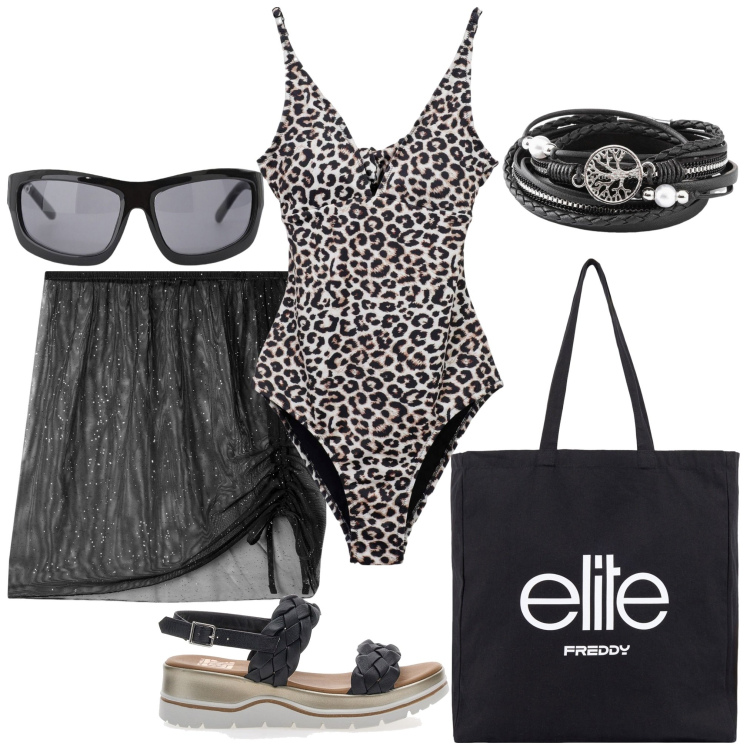 Outfit donna - Al mare 12. Stile Minimal per Mare. Abbinamento con braccialetti, vestiti da spiaggia, costumi interi, occhiali da sole, shopping bag, sandali in pelle.
