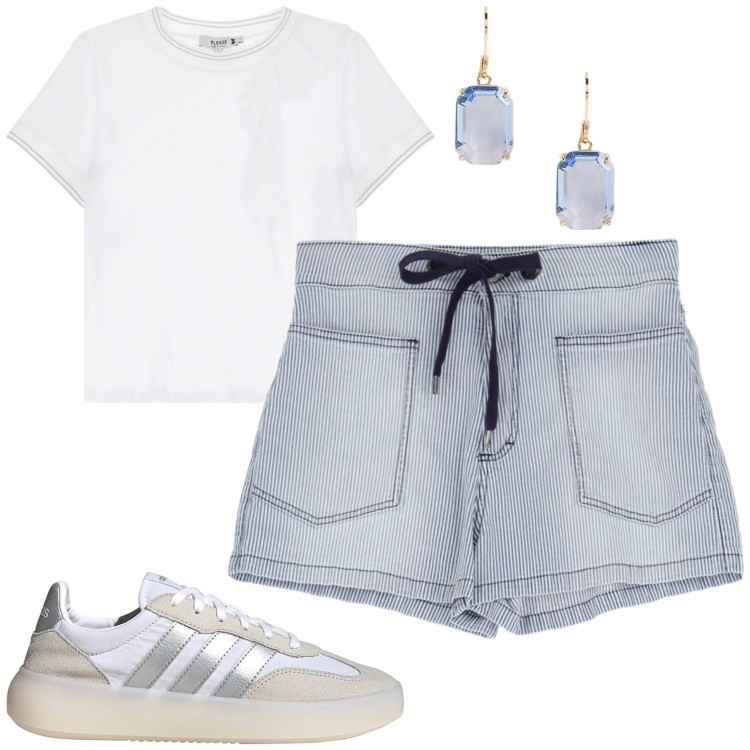 Outfit donna - Agosto. Stile Casual per Tutti i giorni. Abbinamento con shorts, t-shirt, orecchini, sneakers.