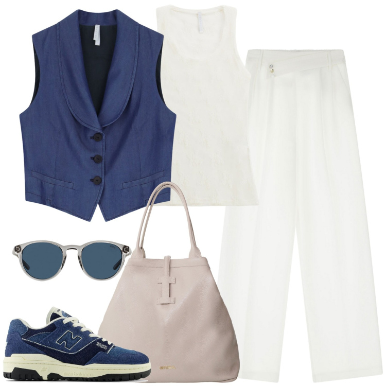 Outfit donna - Col gilet. Stile Mannish per Scuola/Università. Abbinamento con sneakers, canottiere, gilet, pantaloni a palazzo, borse tote, occhiali da sole.